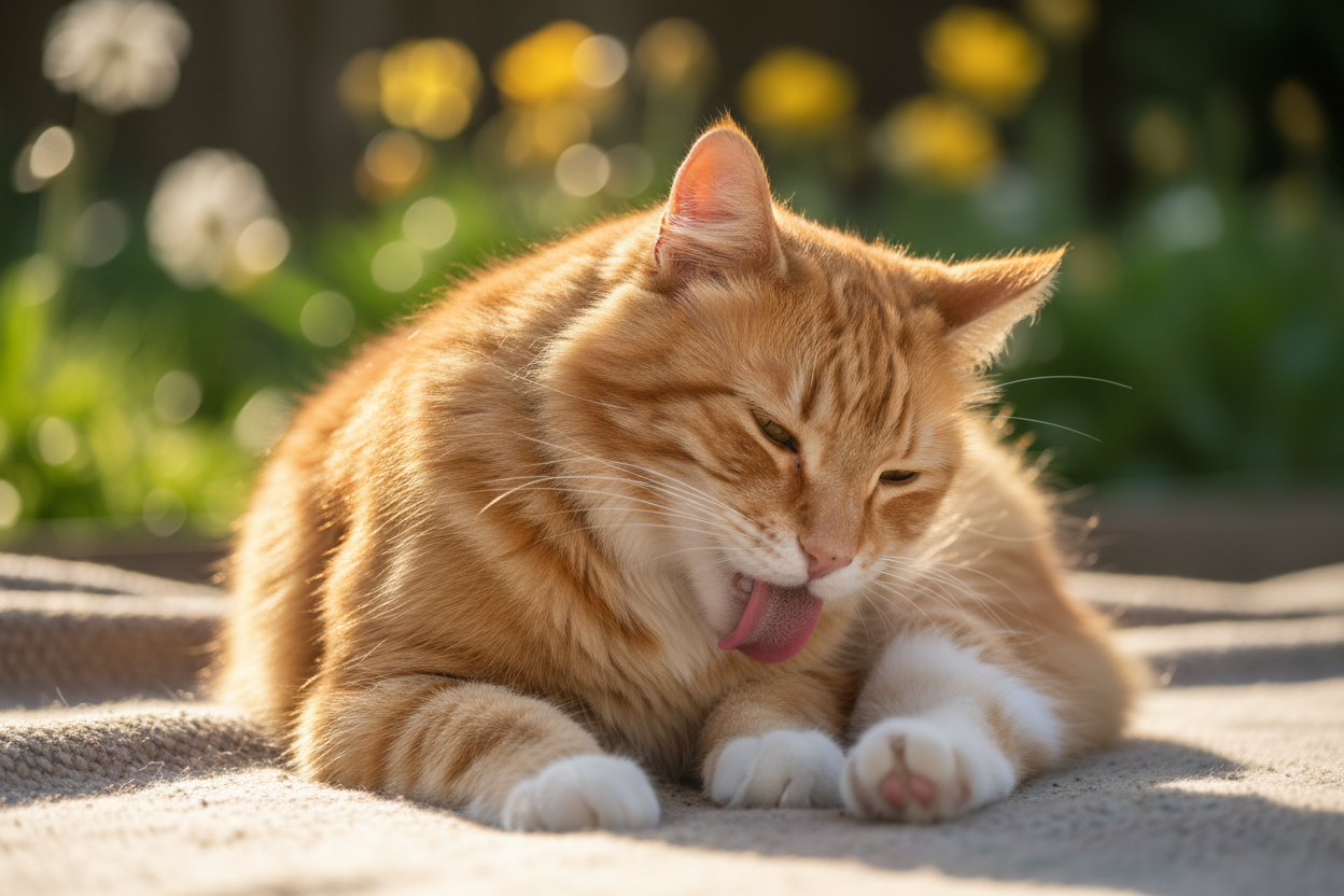 Cat grooming in summer sunlight