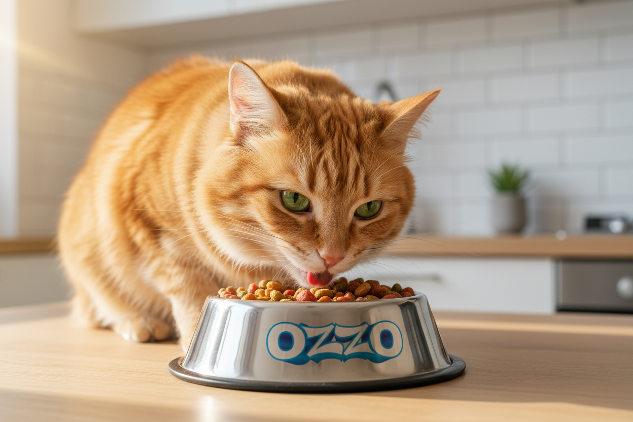 Cat eating OZZO premium dry food rich in taurine
